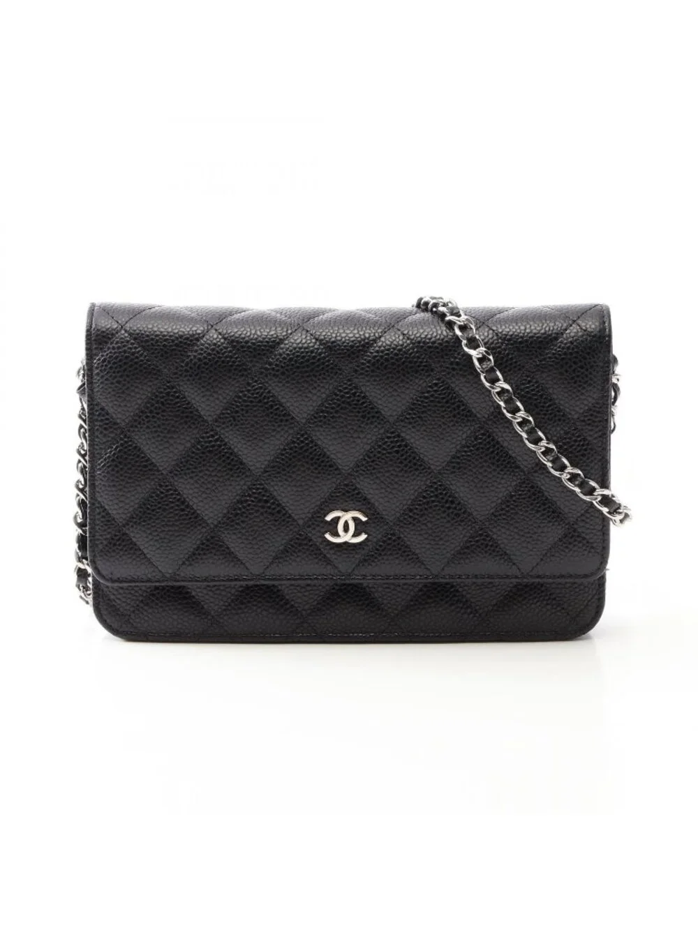 Chanel Shoulder Bag Quilted Black Caviar Leather Chain Wallet